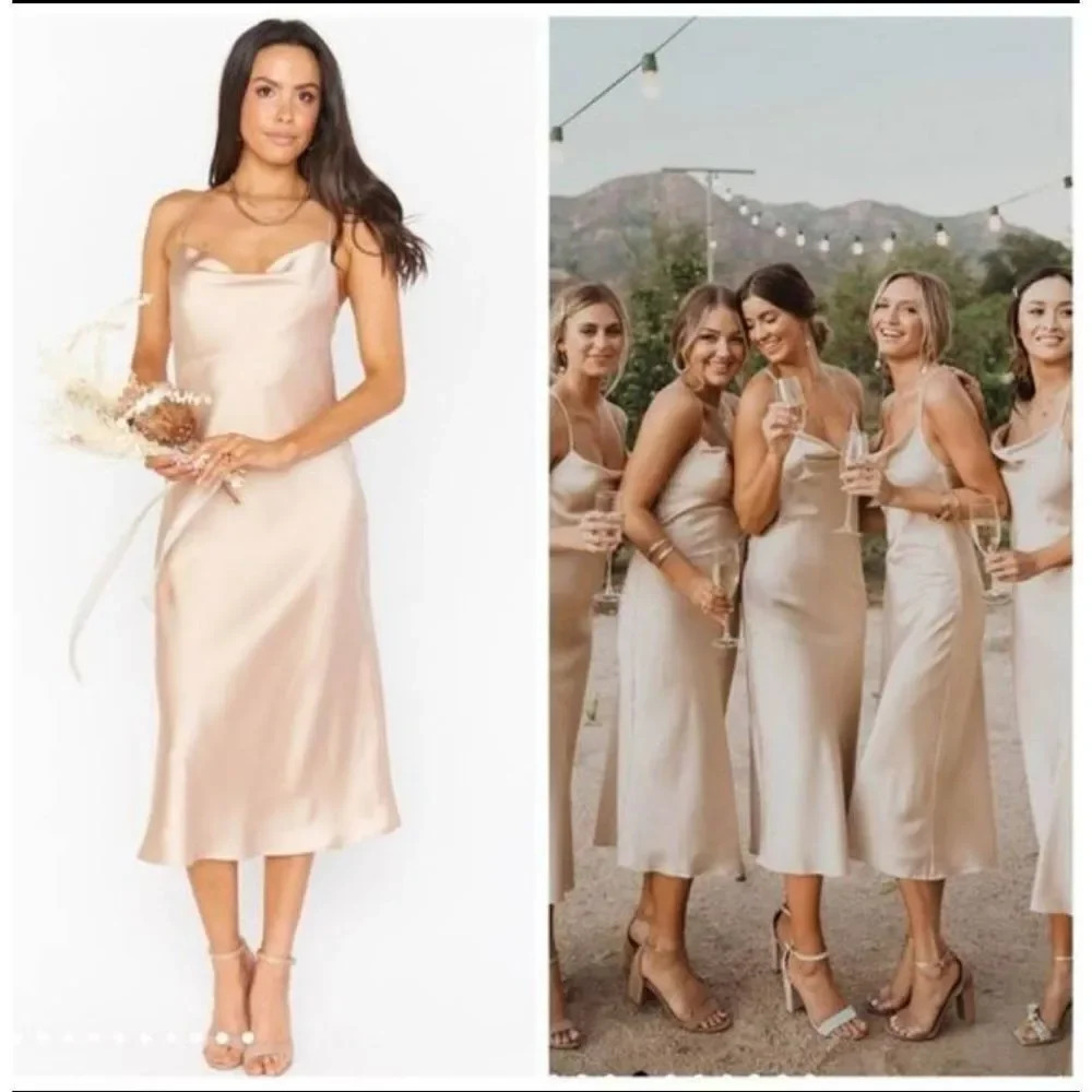 NWOT Showย Me Your MuMu Verona CowlโDress in Champagne Luxe Satin Sz Large